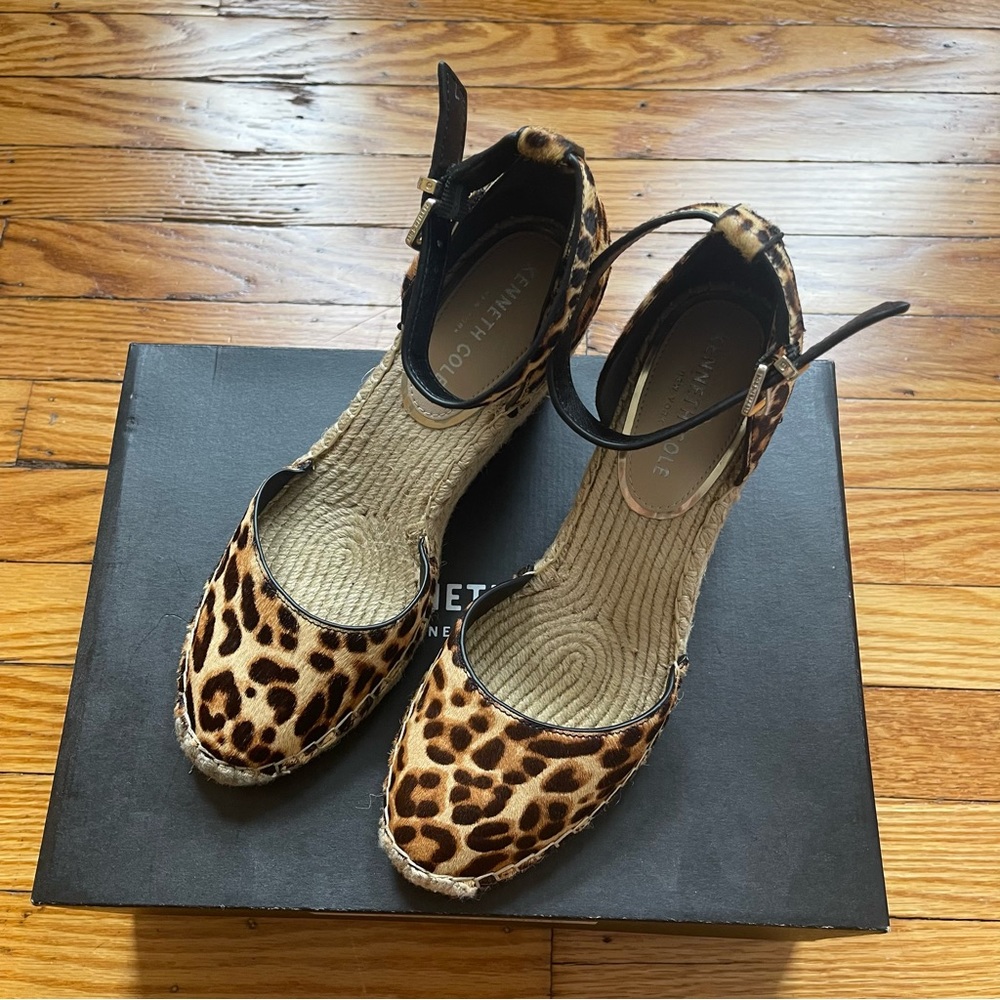 Kenneth Cole olivia leopard-print wedge heel espadrilles size 7 hair calf boho